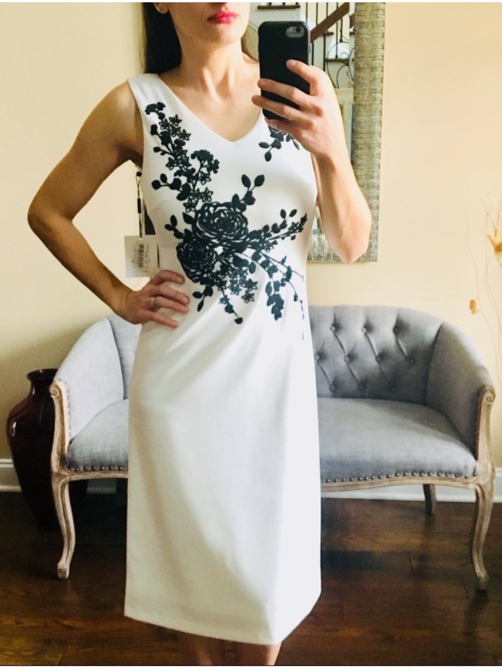 Calvin Klein White Black Beaded Floral Midi Sheath Dress NWT Size 4